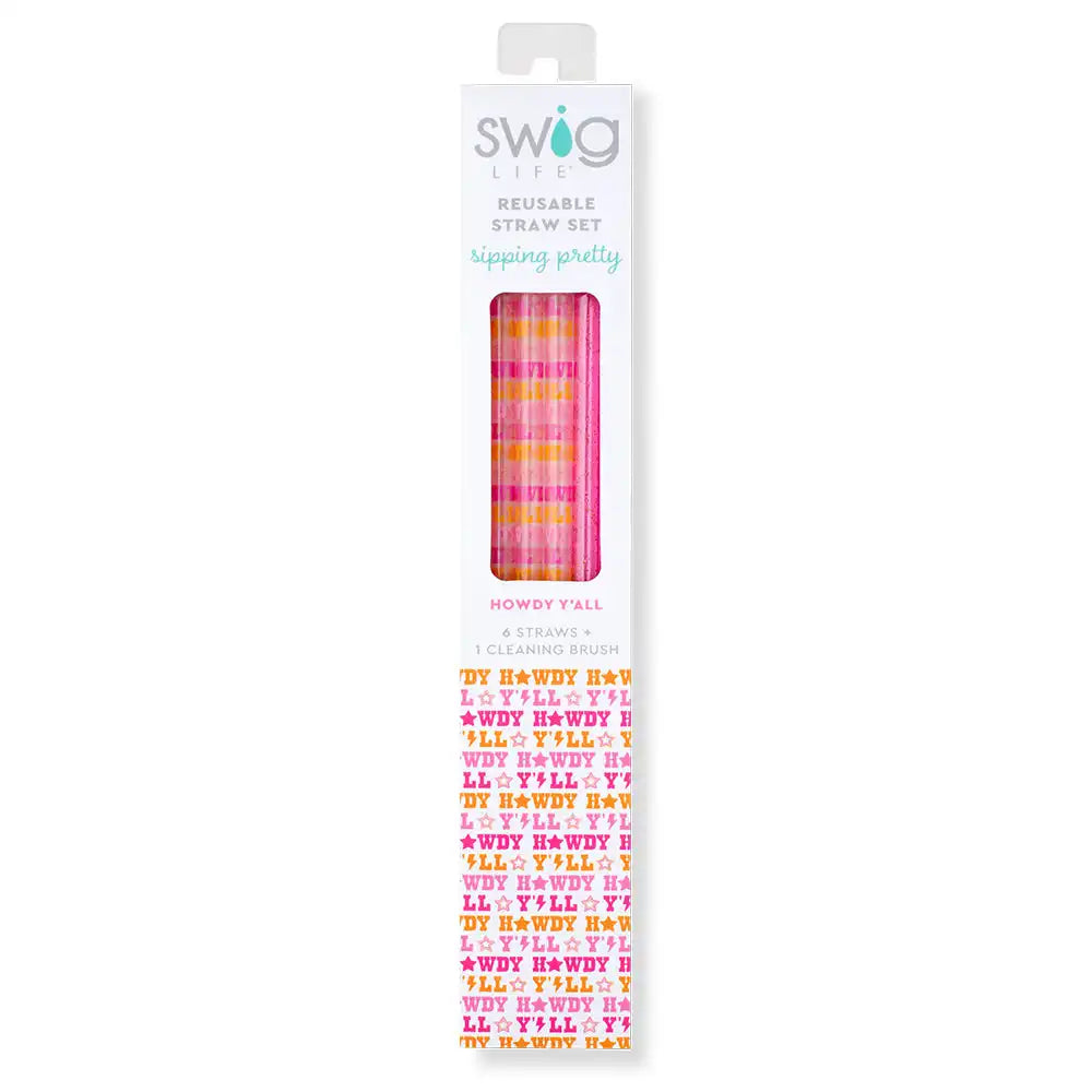 Howdy Y'all + Pink Glitter Reusable Straw Set