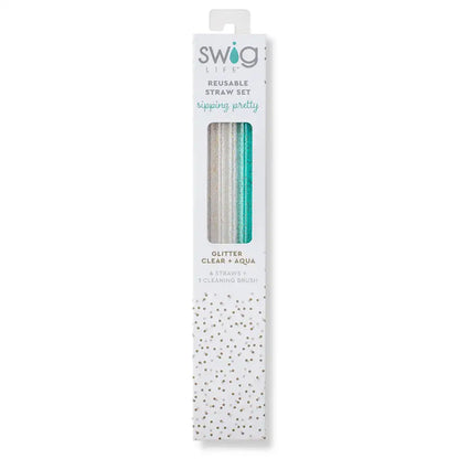 Glitter Clear + Aqua Reusable Straw Set